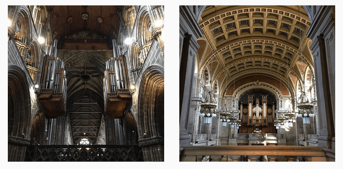 Órgãos de tubos da Catedral de São Mungo (esq) e da galeria e museu Kelvingrove (dir)